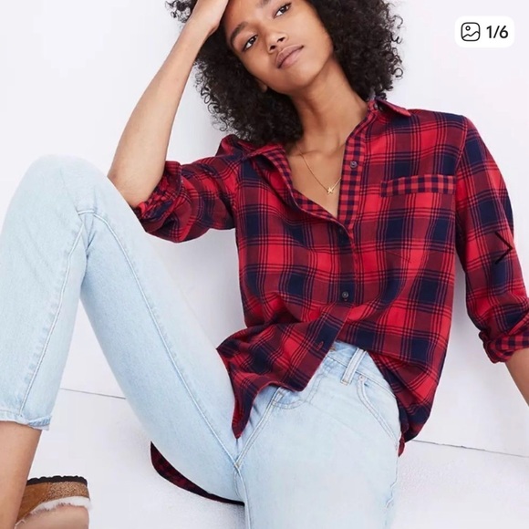 Madewell Tops - Madewell Red and Navy Plaid Button-Down Shirt with contrasting plaid lining